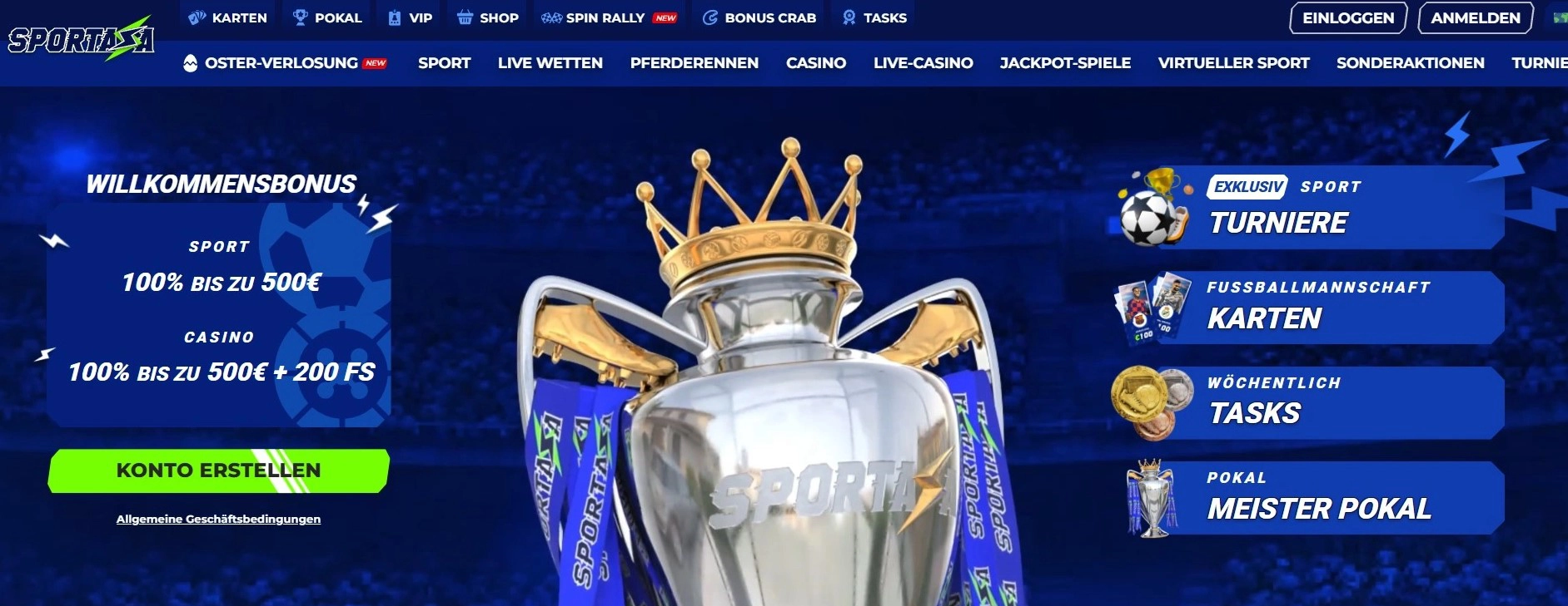 Übersicht über die Startseite im Sportaza Casino