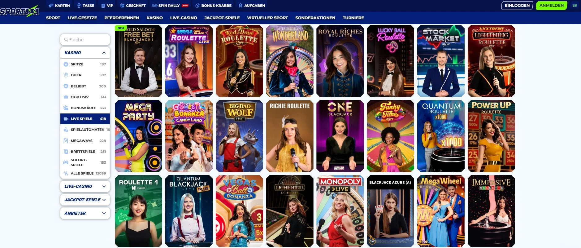 Live-Showspiele im Sportaza Casino erleben